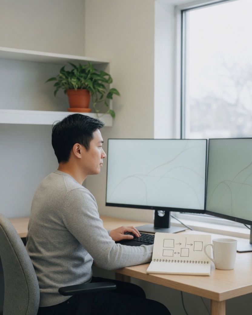 Engineer at two monitors with a notebook of hand-drawn flow boxes on the desk.