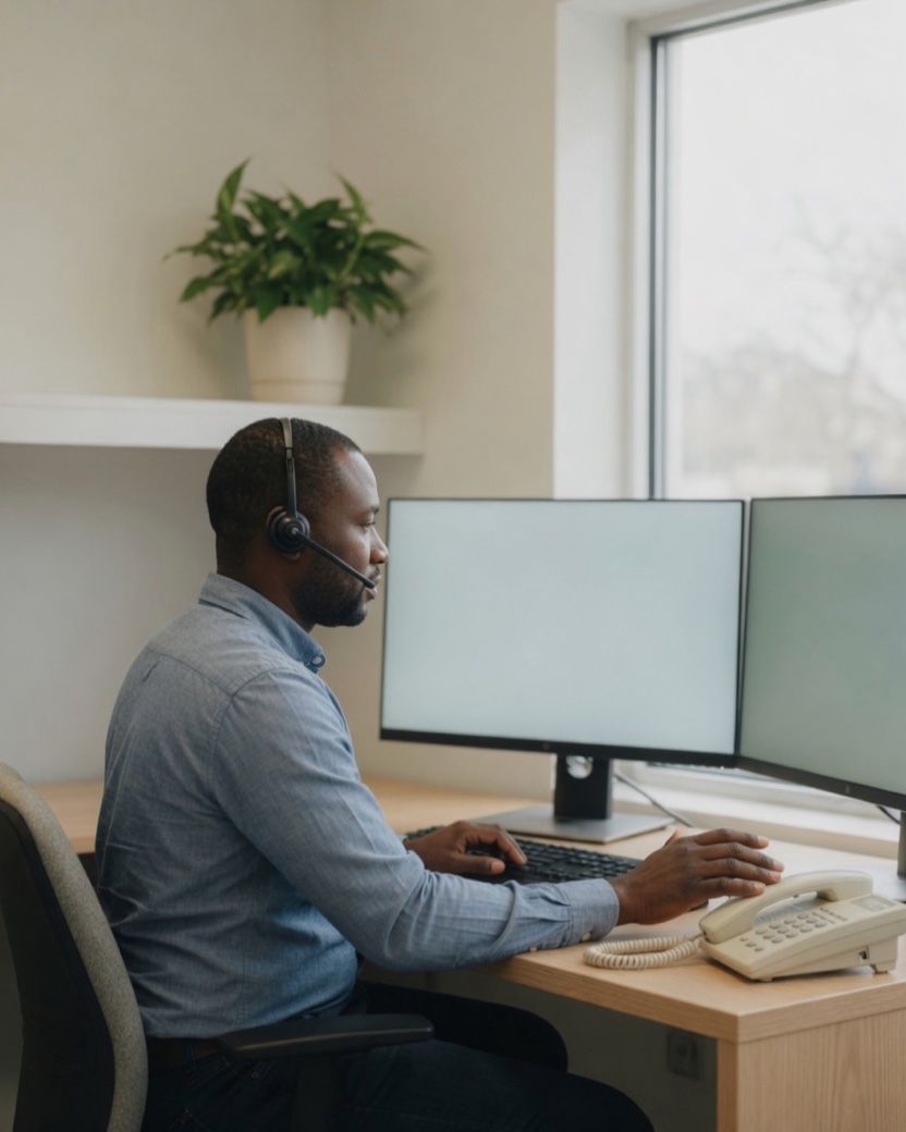 Man wearing a headset at a desk with two monitors and a desk phone.